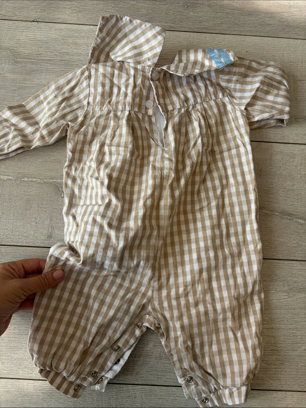Cecil and Lou size 9 months bibbed gingham print tan blue ribbon romper long